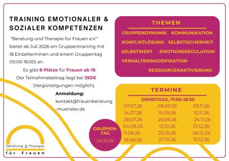 Gruppentraining Emotionale Kompetenzen: Angaben zum Beginn am 07.07.2026, Kosten und Themen 